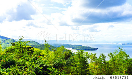 Beautiful scenery views of nature with a large reservoir above the Srinagarind Dam at Rai Ya Yam viewpoint in Si Sawat District, Kanchanaburi Thailand. 68613751