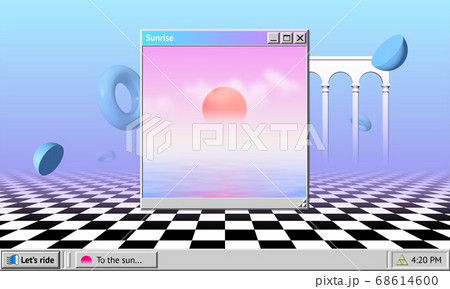 Vaporwave abstract background with OS window with sunrise and interface, surreal shapes and colonnade with arches 68614600