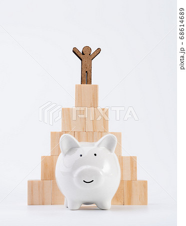 People model stand on wood cubes pyramid and piggy People model stand on wood cubes pyramid and piggy 68614689