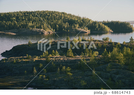View of the forested islands and rocky shores at sunset 68614743