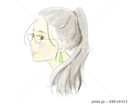 ポニーテールでメガネをかけた女性の横顔のイラスト素材