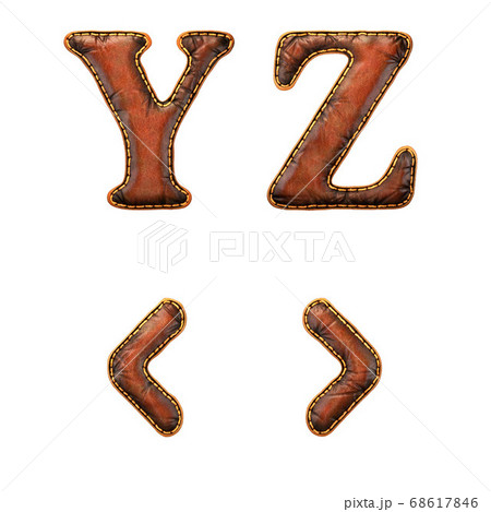 Set of leather letters Y, Z and symbol left, right angle bracket uppercase. 3D render font with skin texture isolated on white background. 68617846