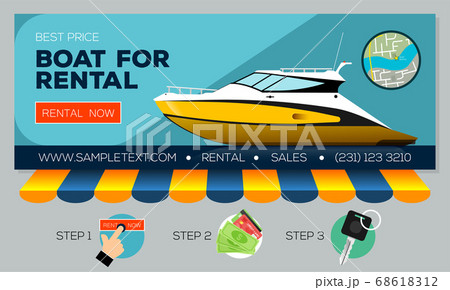 Web banner with motor yacht for sale or rental. Buying or rent motorboat online. Vector illustration 68618312