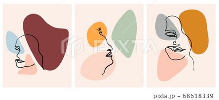 Set of Modern abstract faces in hand drawn outline style. Trendy one line woman portrait. Contemporary female silhouettes. Continuous line, minimalistic concept with abstract pastel shapes. Set of Modern abstract faces in hand drawn outline style. Trendy one line woman portrait. Contemporary female silhouettes. Continuous line, minimalistic concept with abstract pastel shapes. 68618339