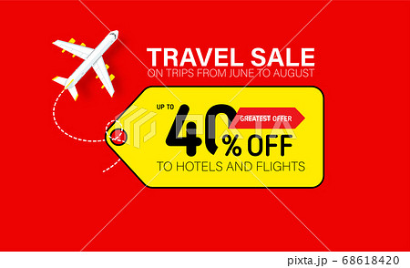 Travel sale banner with yellow tag. Hot fares for domestic and International flights. Greatest deal on sale flights, book hotels online. Cheap travel offer. 68618420