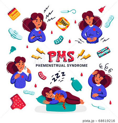 PMS. Set of woman suffering from premenstrual syndrome. Various symptoms of menstrual cycle and related products such as sanitary pads and tampons. Flat style vector illustration. 68619216