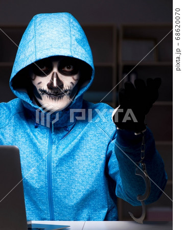 Scary hacker hacking security firewall late in office Scary hacker hacking security firewall late in office 68620070