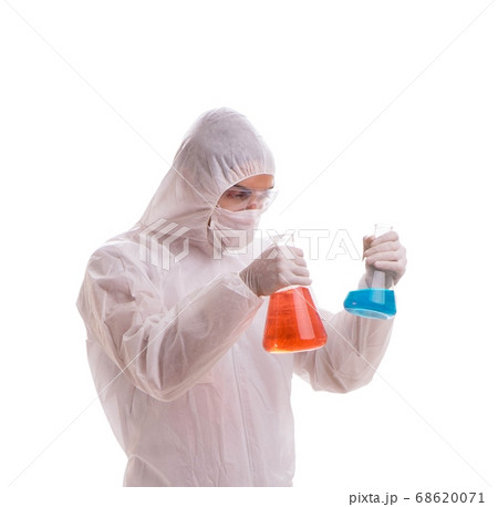 Chemist working with poisonous substances isolated on white back Chemist working with poisonous substances isolated on white back 68620071