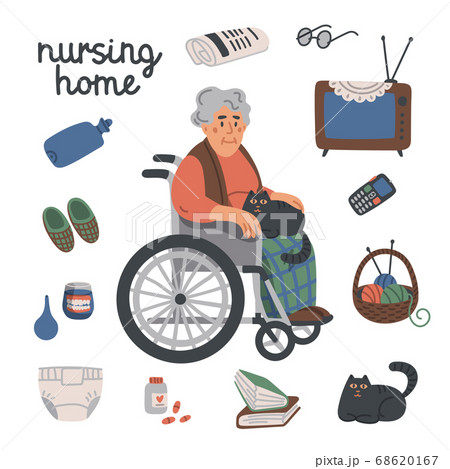 Elderly woman in wheelchair and nursing home items on white background, medical care concept. Nursing home. Senior people healthcare assistance flat Vector illustration. Elderly woman in wheelchair and nursing home items on white background, medical care concept. Nursing home. Senior people healthcare assistance flat Vector illustration. 68620167