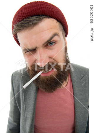 Brutal unshaven guy smoking isolated white 68620931