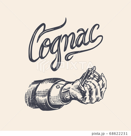 Cheers toast. Vintage American Cognac or liquor badge. Shot in hand. Alcoholic Label for poster 68622231