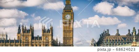 London European destination icon banner panorama - Famous landmark Big Ben Clock tower. Panoramic header London European destination icon banner panorama - Famous landmark Big Ben Clock tower. Panoramic header 68624023