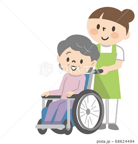 車椅子のシニアの女性と介護スタッフのイラスト素材