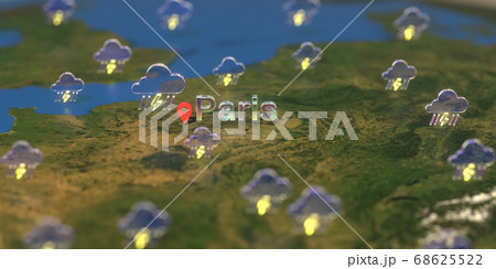 Stormy weather icons near Paris city on the map, weather forecast related 3D rendering Stormy weather icons near Paris city on the map, weather forecast related 3D rendering 68625522