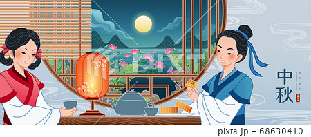 People enjoy mooncakes and hot tea 68630410