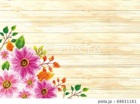 木目の背景に水彩風秋桜の花フレームのイラスト素材
