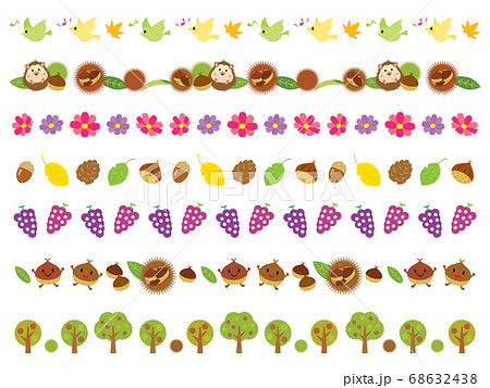 秋の木や栗や葡萄やかわいい動物たちのラインイラストのイラスト素材