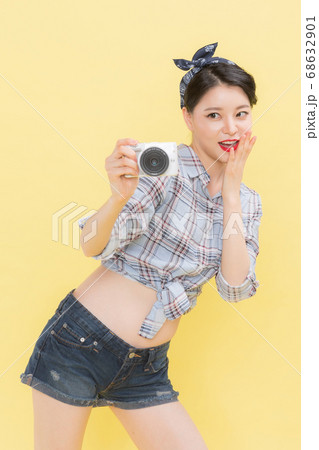 Life style concept, happy shopping time. Young asian woman with shopping bags and cart. 339 68632901