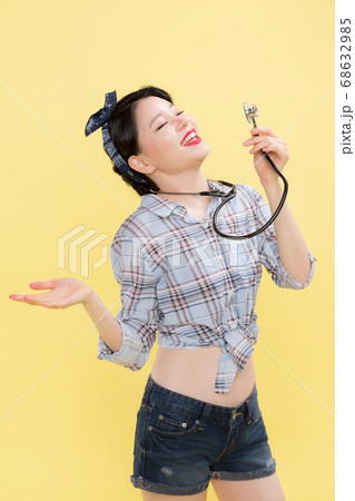 Life style concept, happy shopping time. Young asian woman with shopping bags and cart. 292 68632985