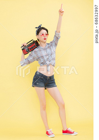 Life style concept, happy shopping time. Young asian woman with shopping bags and cart. 408 68632997