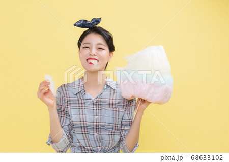 Life style concept, happy shopping time. Young asian woman with shopping bags and cart. 340 68633102
