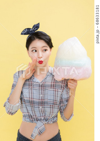 Life style concept, happy shopping time. Young asian woman with shopping bags and cart. 276 68633181