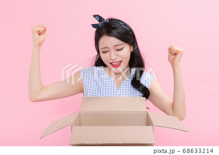 Life style concept, happy shopping time. Young asian woman with shopping bags and cart. 237 68633214