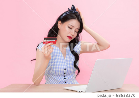 Life style concept, happy shopping time. Young asian woman with shopping bags and cart. 236 68633270