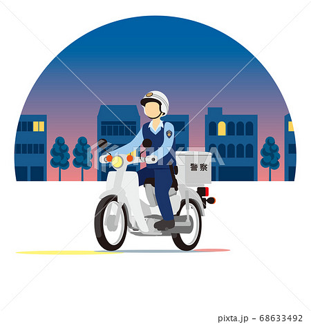 バイクで街を走る警察官 パトロールのイラスト素材