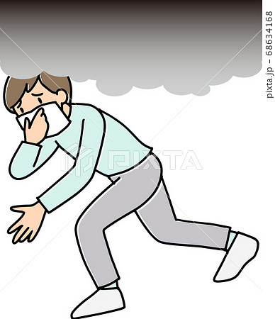 姿勢を低くし口元をタオルで覆って火事現場から避難する男性 姿勢を低くし口元をタオルで覆って火事現場から避難する男性 68634168