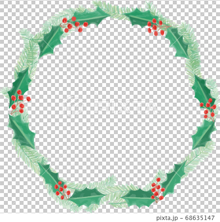 ヒイラギのクリスマスリース 手描き水彩風ベクターイラストのイラスト素材