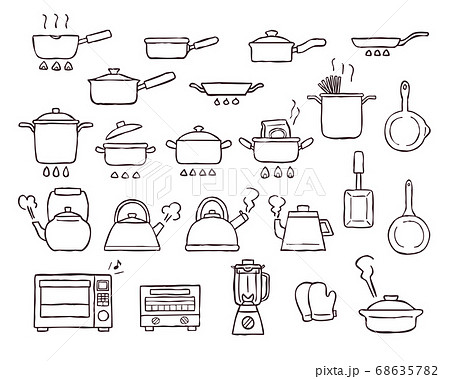 なべ やかん フライパンなどのキッチン雑貨の手書き線画イラストセットのイラスト素材