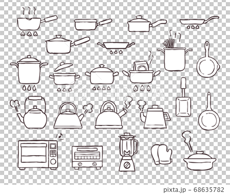 なべ やかん フライパンなどのキッチン雑貨の手書き線画イラストセットのイラスト素材