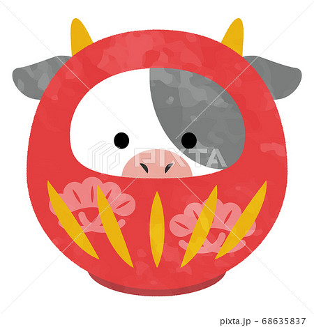 正月の松柄牛だるまの水彩風イラストのイラスト素材