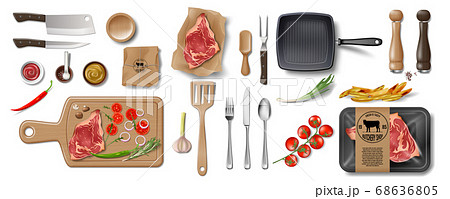 Butcher Shop, Restaurant Brand Identity mockup set isolated. Branding packaging mock up elements for meat shop, cafe or steak house. supermarket food in pack. Vector 68636805