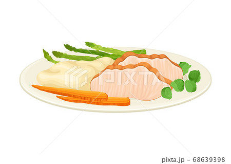 Sliced Turkey or Chicken Served on Plate with Mashed Potato and Vegetables as Thanksgiving Day Dish Vector Illustration 68639398