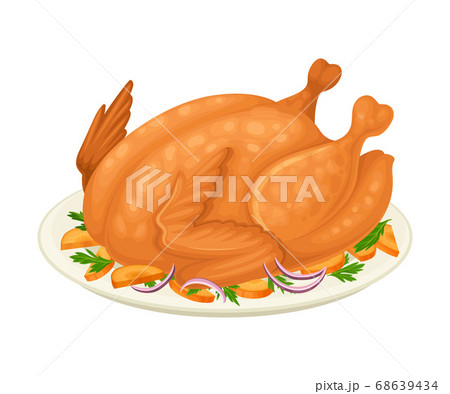 Roasted Turkey Served on Plate with Sliced Vegetables and Herbs as Thanksgiving Day Dish Vector Illustration 68639434
