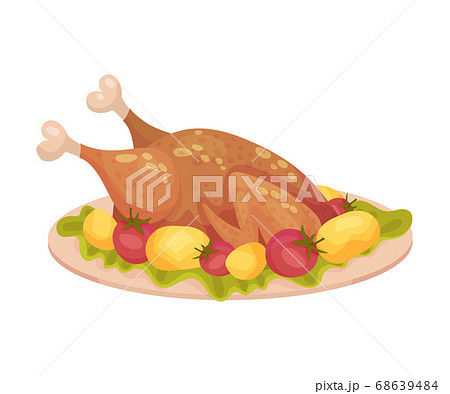 Roasted Turkey Served on Plate with Potatoes and Tomatoes as Thanksgiving Day Attribute Vector Illustration 68639484