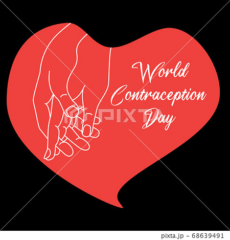 Celebration of the World Contraception Day. Hands in a red heart on a black background. The mans palm hugs the womans palm. tenderness and safe sex. Vector illustration Celebration of the World Contraception Day. Hands in a red heart on a black background. The mans palm hugs the womans palm. tenderness and safe sex. Vector illustration 68639491
