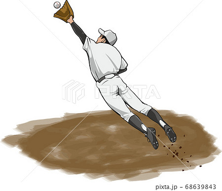 野球選手がジャンピングキャッチをしているイメージイラストのイラスト素材