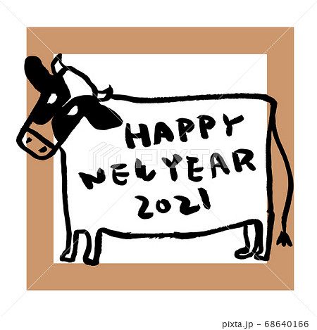 手書きの牛のイラストと新年のタイポグラフィ グラフィックのイラスト素材