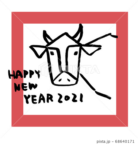 手書きの牛のイラストと新年のタイポグラフィ／グラフィック 68640171