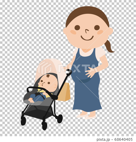 赤ちゃんを乗せたベビーカーを押す若い妊婦さんのイラスト のイラスト素材