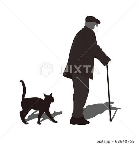 老人と猫 イラスト シルエットのイラスト素材
