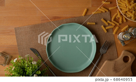 Top view of dinning table with mock up plate, Top view of dinning table with mock up plate, 68640955