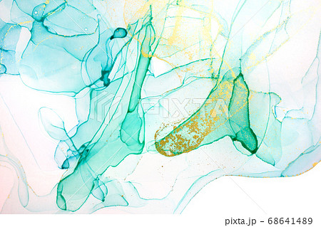 Alcohol ink blue and green transparent stains on white background. 68641489