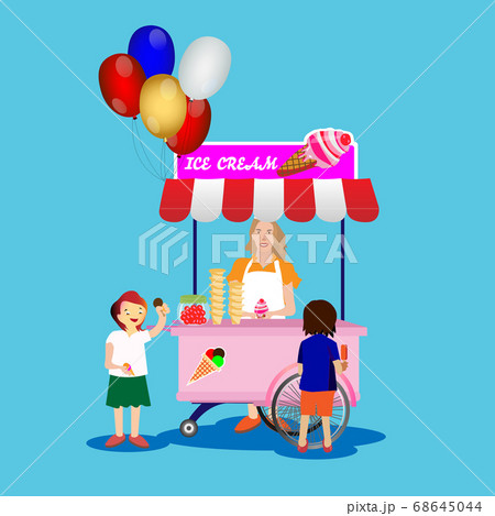 A vector illustration of kids buying ice cream at an ice cream stand. Pink and colorful ice cream selling machine A vector illustration of kids buying ice cream at an ice cream stand. Pink and colorful ice cream selling machine 68645044