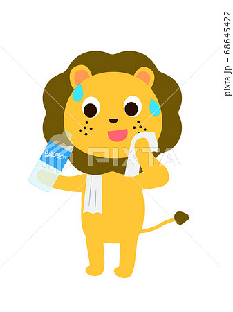 タオルで汗をふきながら水を飲むライオンのイラスト素材