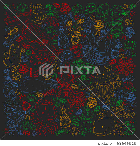 Vector pirate set in cartoon style. Sweet card with pirates, ship, whale, crab, octopus, mermaid, rum, anchor, treasure, fish, island and parrot. 68646919