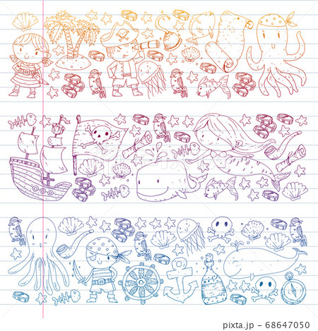 Vector pirate set in cartoon style. Sweet card with pirates, ship, whale, crab, octopus, mermaid, rum, anchor, treasure, fish, island and parrot. Vector pirate set in cartoon style. Sweet card with pirates, ship, whale, crab, octopus, mermaid, rum, anchor, treasure, fish, island and parrot. 68647050